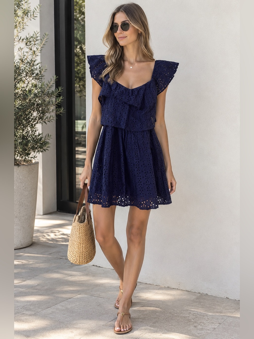 GUESS Navy Eyelet Lace Ruffle Fit & Flare Dress Size S